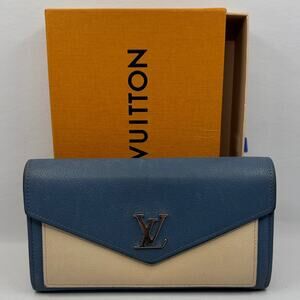 Louis Vuitton Long Flap Envelope Wallet 26975 Blue Leather Silver Hardware
